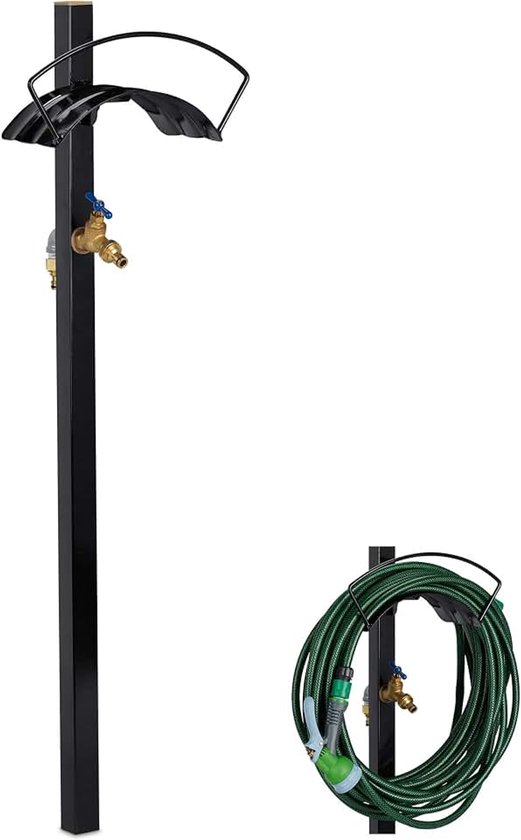 Buitenkraan met tuinslanghouder, 2x 3/4“ koppeling, voor 45m slang, staal, HxBxD: 107.5x33x18.5x25 cm, zwart