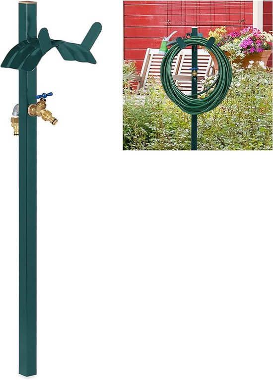 Buitenkraan met tuinslanghouder, voor 45m tuinslang, 2x 1/2“ adapter, staal, HxBxD: ca. 107.5x25x18 cm, groen