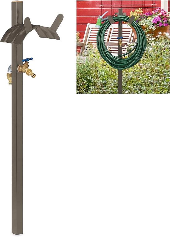 buitenkraan met tuinslanghouder, voor 45m tuinslang, met 2x 1/2“ adapter, staal, 107.5 cm hoog, bruin