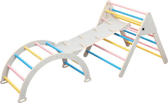 Buxibo XXL Klimrek - Opvouwbare Driehoek + Klimboog + Helling met Klimrek/Glijbaan - Montessori Meubels Houten Speelgym voor Binnen - Grijs - 210x83x81cm van Buxibo