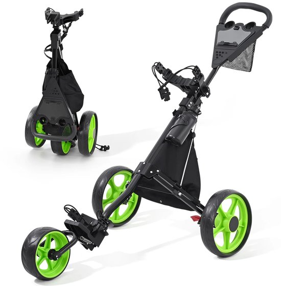 CINK & Co Golfkar met 3 wielen - Opvouwbaar en lichtgewicht - Met koeltas en voetrem - Lichtgroen - 142 x 97 x 71,5 cm