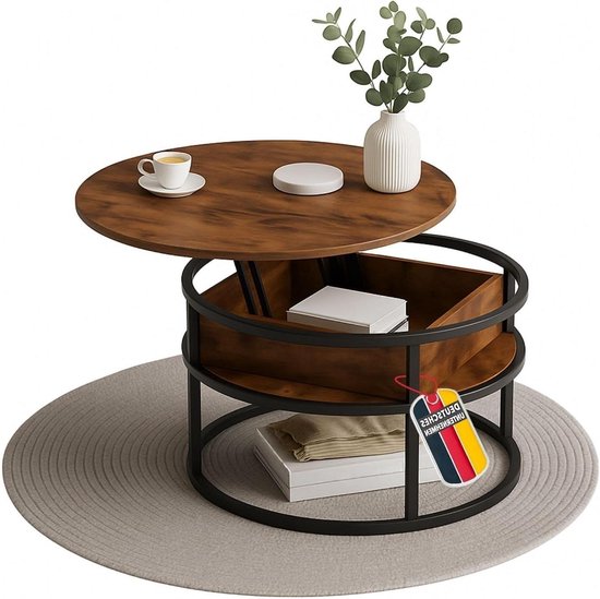 Coffee Table Swing Brown with Adjustable Table Top and Hidden Storage Compartment, Metal and Wood, Side Table for Living Room, Round Coffee Table with Storage Space, Metal Table, Modern, Disassembled