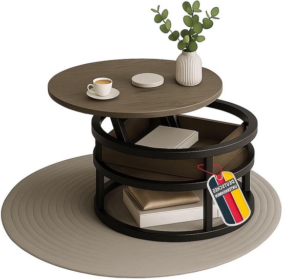 Coffee Table Swing Grey with Adjustable Table Top and Hidden Storage Compartment, Metal and Wood, Side Table for Living Room, Round Coffee Table with Storage Space, Metal Table, Modern, Table for Sofa