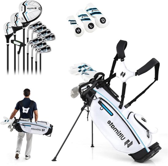 Complete Golfset - Golfclubs Heren - Golfen op de baan - Inclusief golftas - 15-delig - Blauw Wit