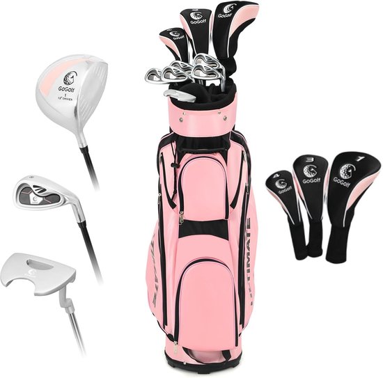 Complete golfset voor dames, golfclubset met golftas voor rechtshandigen, golfclubset met chauffeur 1#, Fairway 3#, Hybrid 4#, ijzer zink 6-9#, ijzer zink P#, putter, roze van Merkloos