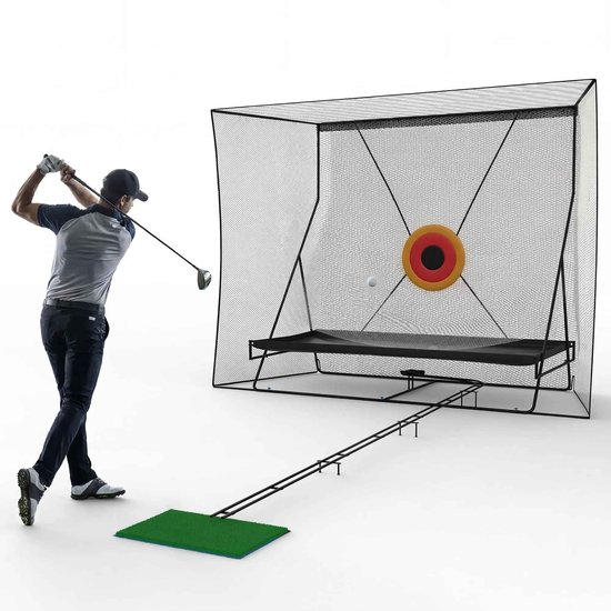 CORE Golf Oefennet - Groot Trainingsnet met Balretoursysteem - Golf Chipping en Swing Oefennet met Doelwit - Draagbaar Golfnet voor Binnen en Buiten - Inclusief Beschermhoes en Draagtas - Trainingshulp - Terugrol lengte 370cm - 282x110x240cm - Zwart
