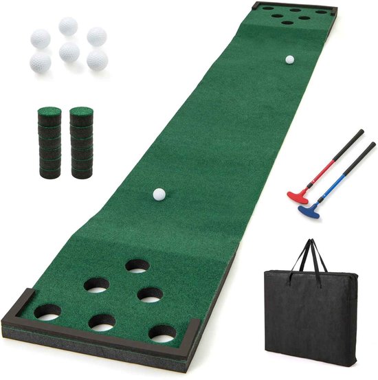 CORE Golfpong - Midgetgolf - Cupgolf - Beerponggolf - Putting golf mat - Met 2v verstelbare putters - 6 ballen en 12 gatafdekking - Met draagtas - 332x50cm