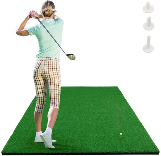 COSTWAY 150 x 100 cm golfafslagmat, golfoefenmat inclusief 3 rubberen tees, golfmat met 2 afslagposities, voor binnen en buiten van Costway