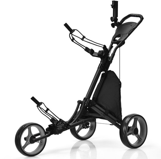COSTWAY 3 Wielen Golf duwkar, Snel vouwen Golf Lopend Duwkar, Golftas Houder Met Tin Folie Gecoat Opbergtas, Elastische Riem, Verstelbare Paraplu & Beker Houder, Scorebord Opbergvak & Voetrem, Golftrolley voor Golfclubs van Merkloos
