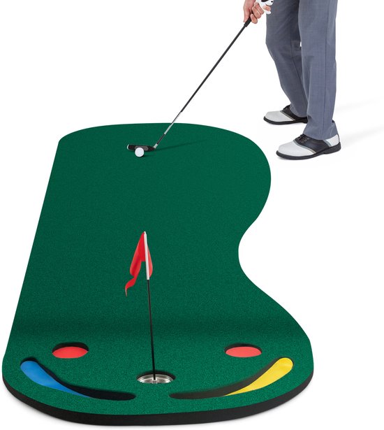COSTWAY 300 x 96 cm golfputtingmat, golfmat voor binnen en buiten, opvouwbare golfoefenmat met 3 putting cups en 1 vlag, putting green golf trainingsmat voor thuis, kantoor, erf van Merkloos