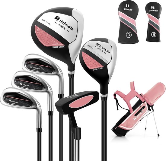 COSTWAY 6-delige kindergolfclubset, rechtshandig golfclubset met golftas en regenhoes, complete golfset incl. 7/9/S ijzer, 1 driver, 4 hybride en putter voor van Merkloos