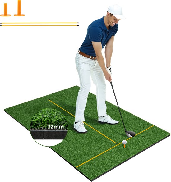 COSTWAY Golf afslagmat, golfoefenmat incl. 2 rubberen tees en 2 uitlijningsstaven, golfmat met 6 afslagposities, voor binnen en buiten van Costway