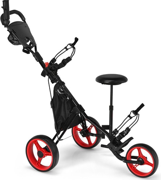 Costway Golf trolley Met 3 Wielen Verstelbaar Lichtgewicht - Golfwagen Met Parapluhouder, Zitje En Opbergtas Rood/Zwart 130 x 75 x 98,5-115,5 cm van Costway