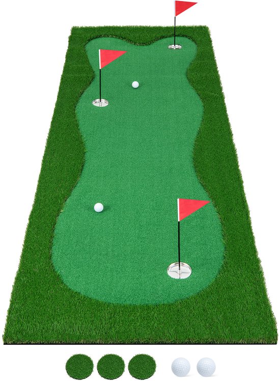 COSTWAY Golfmat met kunstgras, 300 x 100 cm, 2 ballen, 3 gaten, 3 vlaggen en putting cups, oefenmat opvouwbaar voor binnen en buiten, putting green golf, trainingsmat voor thuis van COSTWAY