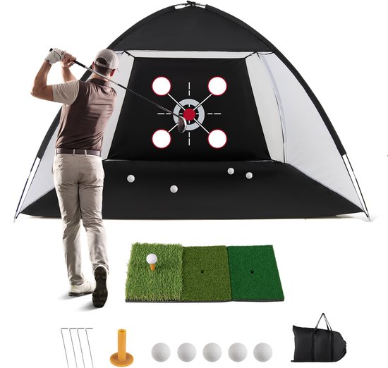 COSTWAY golfoefeningsnet 300 x 200 cm, golfnet met slagmat, doelplaat, 5 ballen en tee, chipping-trainingsnetten incl. draagtas, draagbaar trainingshulpmiddel voor binnen en buiten