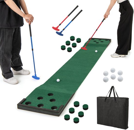 COSTWAY Golfpong Puttingmat, 332 x 50 cm, groen met 2 verstelbare putters, 6 ballen en 12 gatafdekkingen, draagbare golfmat voor binnen en buiten, trainingsmat voor feest, tuin van Costway