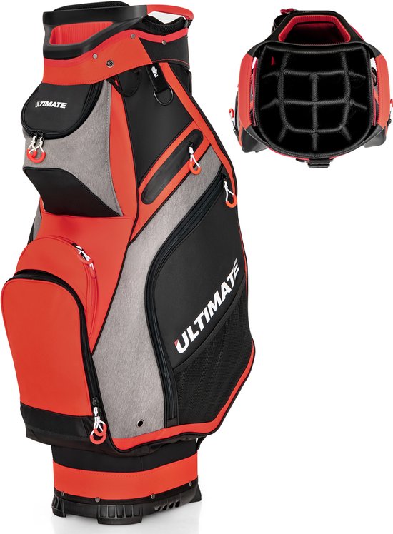 COSTWAY Golftas, Lichtgewicht en Draagbare Golfkar Tas met 14 Manieren Volledige-Lengte Top Verdelers, 7 Zakken met Ritssluiting, Regenkap, Schouderriem, PVC Handvat, Paraplu Houder (Zwart + Rood) van Merkloos