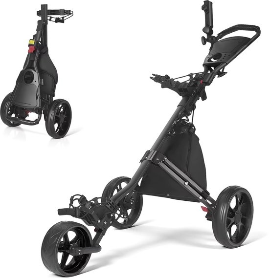 CreateEcom golftrolley - golfkar - 3-wielige opvouwbare golfkar met voetrem - waterdichte koeltas en parapluhouder - draagbare lichtgewicht golfkar - zwart