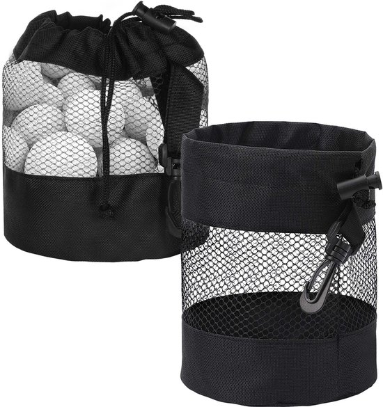 Dailygoods - 2 Stuks Golfbal Opslagzak met Trekkoord, Zwart, 14cm x 16.5cm
