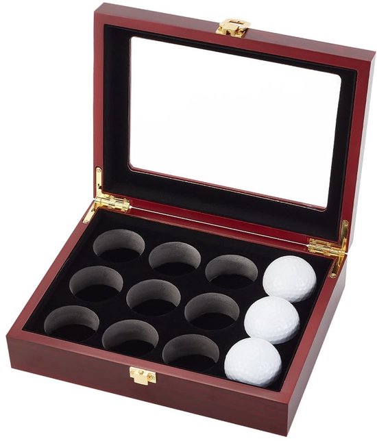 Dailygoods - Dailygoody - Golfbal vitrinekast - Houten showcase - 12-gaats golfbal display - Donker Rood - Voor golfbalcollecties - Beschermde kast - Compact formaat