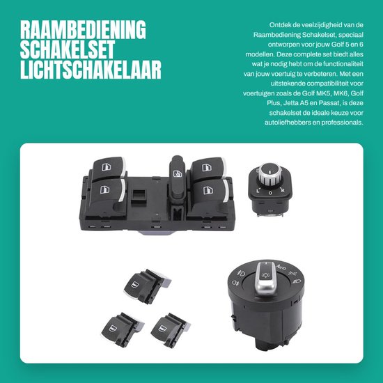 Dailygoods- Raambediening Schakelset 6 Stuks - Spiegelschakelaar - Hoofdvensterhendelschakelaar - Koplampschakelaar - Golf MK5/MK6 - Compatibel met OEM 5ND959565B - Schakelaar