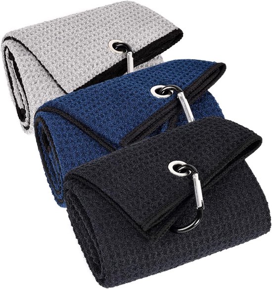 Daity Set van 3 grote golfhanddoeken - 40 x 60 cm - drievoudig opvouwbare - draagbare golfhanddoeken met wafelpatroon en karabijnhaken voor het snel verwijderen van zand - modder - vuil en zweet uit je golftas (meerdere kleuren)
