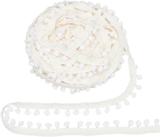 Decoratielint met geborduurde pompons, 27,44 m, 15,5 mm brede nylon banden met pompons, ideaal voor het naaien van kwastjes en doe-het-zelfaccessoires voor kleding en kleding, wit