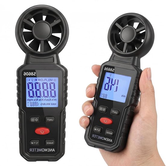 Digitale Anemometer - Windmeter Luchtstroommeter - Weer Meten - 3-in-1 Functies - 0-45 m/s - Zwart