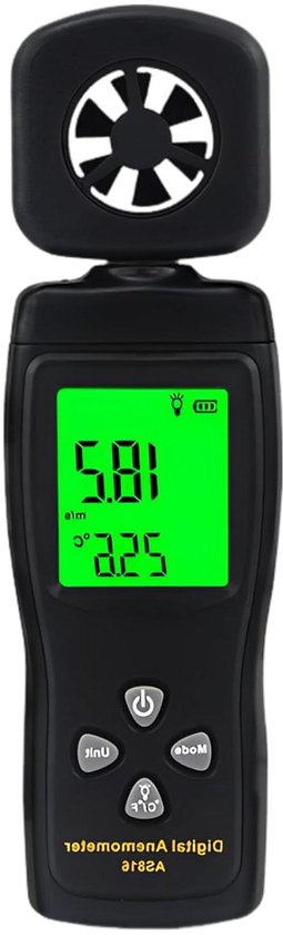Digitale Anemometer - Windsnelheidsmeter Luchtsnelheid - Luchtstroom Meten - Metalen Vaan Verlicht LCD - 162 mm - Zwart