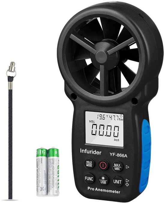 Digitale Handheld Anemometer met USB Sync, Draadloze LCD Windmeter voor Windsnelheid, Temperatuur en Vochtigheid van Merkloos