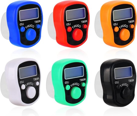 Digitale vingerteller met ledlicht en verstelbare vingerring - Set van 6 - Elektronische handteller voor sport, golf, breien - Mini-vingerteller voor nauwkeurige telling