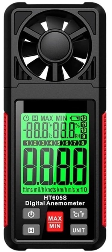 Digitale windmeter - Luchtsnelheidsmeter Anemometer - Weer Meten - Temperatuur Vochtigheid - 0-30 m/s - Zwart Rood