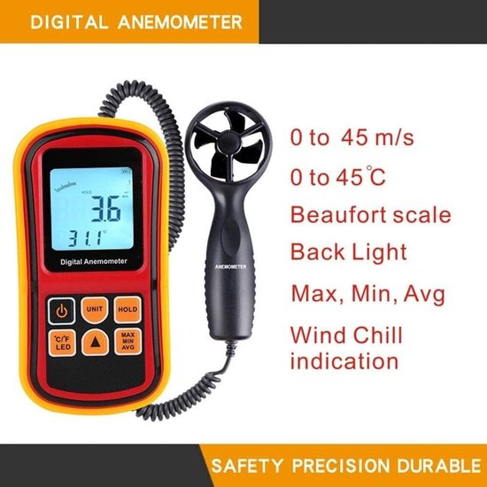 Digitale Windmeter - Luchtstroom Meter - Weer Meten - LCD Achtergrondverlichting - 0-30 m/s - Zwart