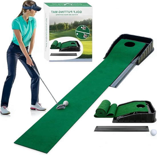 Draagbare Golf Putting Mat van 87" met Car Ball Return Track voor Indoor Oefeningen en Training in Tuin of Kantoor