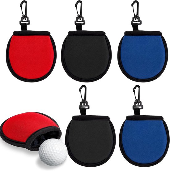 Draagbare Golfbal Reinigingszak met Clip voor Golfcart en Golfbag, Set van 6 in Rood, Blauw en Zwart - Ideaal voor Golfliefhebbers en Onderhoud van Golfballen