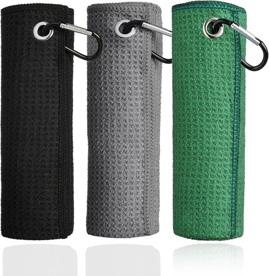 Drie-pack grijze, zwarte en groene microvezel golfhanddoeken, 40 x 40 cm, wafelpatroon met karabijnhaak, superabsorberend, kleine golfhanddoek, golftasaccessoires voor heren en dames, van Merkloos