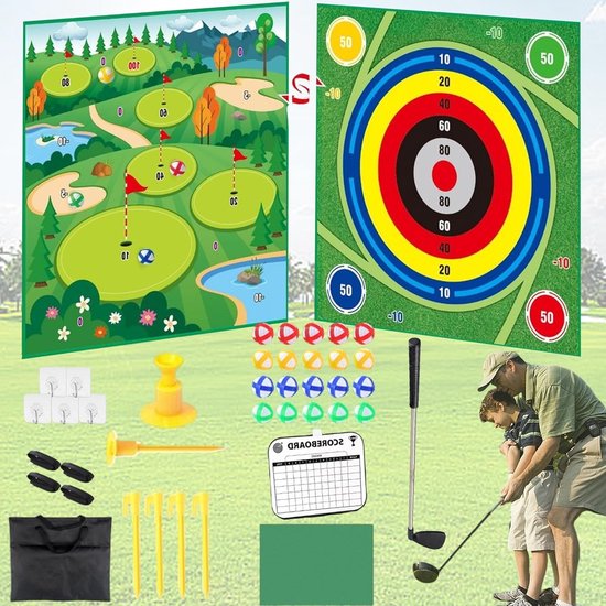 Dubbelzijdige Golfset met Chipping Mat en Golfclubs, Inclusief 20 Golfballen voor Binnen en Buiten, Perfect voor Kinderen en Gezinsactiviteiten