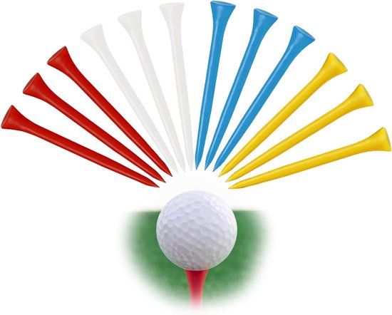 Duurzame kunststof golftees 83 mm - 12 stuks in rood, blauw, geel en wit voor golfvelden, officiële wedstrijden en outdoor training