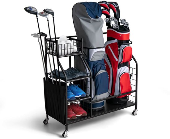 Emvae Golftas Opbergrek - Golf Organizer voor 2 Golftassen - Verrijdbaar golf opbergrek - Voor 2 Golftassen - Zwart