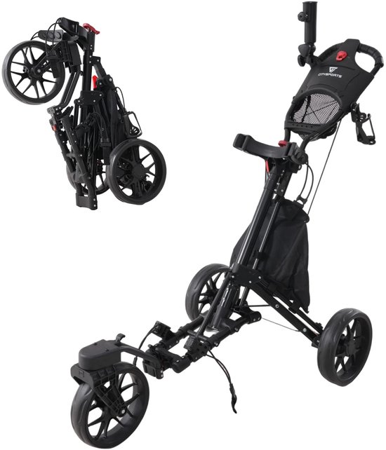 Emvae Golftrolley - Golfkar - Opvouwbaar - 3 Wielen - Voetrem - Rubberen Banden - Aluminium - 162 x 67 x 113 cm - 8 kg - Zwart