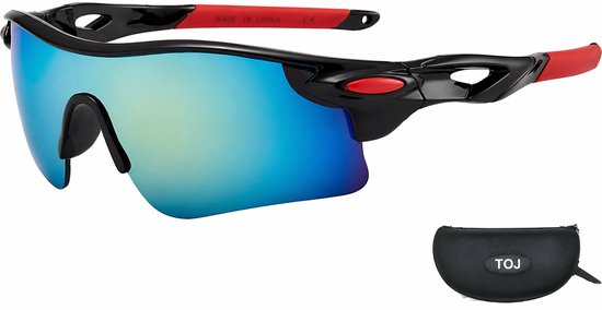 Fietsbril Met Hoes | Sportbril | Racefiets | Mountainbike | MTB | Sport Fiets Bril| Zonnebril | UV Bescherming | Zwart/Rood | Spiegelende Lens van Merkloos