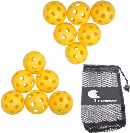 Firsttee - 12 Plastic gele trainingsballen - GRATIS ballennet -Stevig gebouwd - Golfballen - Ballen - Golf accessoires - Cadeau - Golftrainingsmateriaal - Sport - Training - Golfset - Swing net - Trolley - Trainingsmaterialen - Golfbal - Oefenen mat van Firsttee