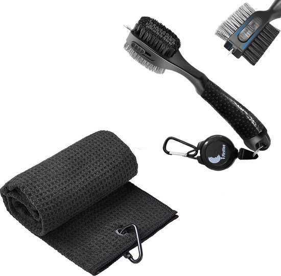 Firsttee  COMBI DEAL - Golfhanddoek (microfiber) & Schoonmaakborstel XXL - INCLUSIEF Ophanghaak - Goed Absorberend  & Snel Drogend - Golf accessoires - Golfset - Club cleaner - Cadeau - Golftrainingsmateriaal - Sport - Training - Tees - Mat - Net van Firsttee