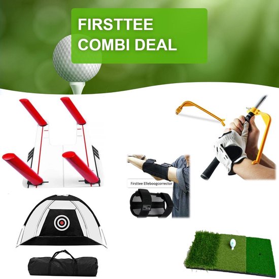 Firsttee - COMBI DEAL - STUNTPRIJZEN - Elleboogcorrector + Swing Guide + Chippingnet + Chippingmat + Swingtrainer + Premium speedtrap  - Golfswing - Golf sport - Trainer - Golf accessoires - Golftrainingsmateriaal - Cadeau - Swing - Golfset - Golfbal van Firsttee