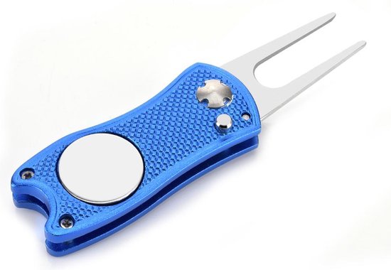 Firsttee - Pitchfork golf - Opvouwbaar - INCLUSIEF MARKER - Blauw - Repareer Greens - Golf accessoires - Golfballen - Pitchfork marker - Pitchfork metaal - Compact - Pocket - Marker golfbal - Golfbalmarkers - Golf sport - Golf training - Cadeau van Firsttee