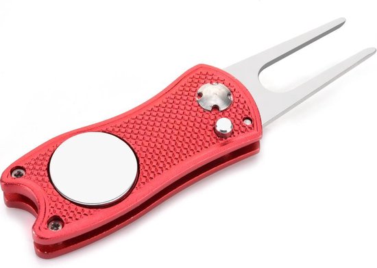 Firsttee - Pitchfork golf - Opvouwbaar - INCLUSIEF MARKER - Rood - Repareer Greens - Golf accessoires - Golfballen - Pitchfork marker - Pitchfork metaal - Compact - Pocket  - Marker golfbal - Golfbalmarkers - Golf sport - Golf training - Cadeau van Firsttee