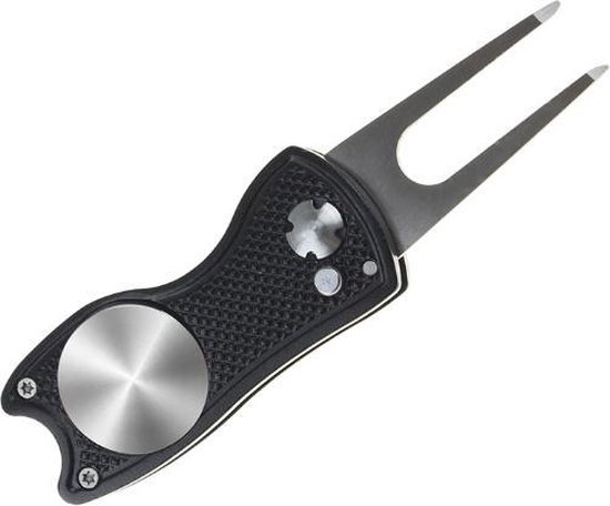 Firsttee - Pitchfork golf - Opvouwbaar - INCLUSIEF MARKER - Zwart - Repareer Greens - Golf accessoires - Golfballen - Pitchfork marker - Pitchfork metaal - Compact - Pocket - Marker golfbal - Golfbalmarkers - Golf sport - Golf training - Cadeau van Firsttee