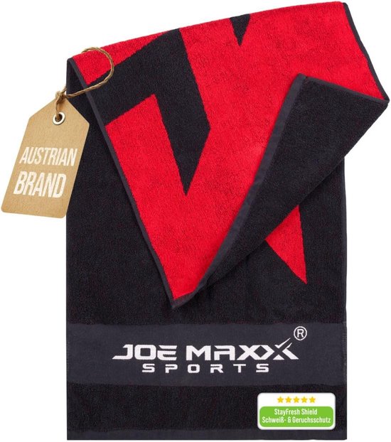 Fitness Towel 120 x 50 cm Made of 100% Cotton - Absorbent - Quick-Drying and Stylish - Ideal for Gym, Sports, Training, Sauna and Outdoor - Black / Red