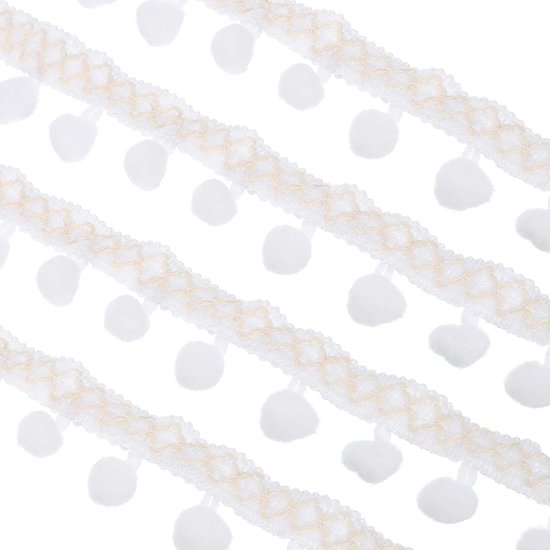 Geborduurde pomponband, 20 meter met franjes, polyester, geborduurd, voor naaiwerk, doe-het-zelf, kledingdecoratie, wit