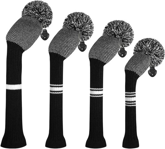 Gebreide Golf Hoesjes - Golf Club Covers - Golfbaan Bescherming - Dubbellaags Acryl Garen - 4 stuks - Zwart Wit Stippen